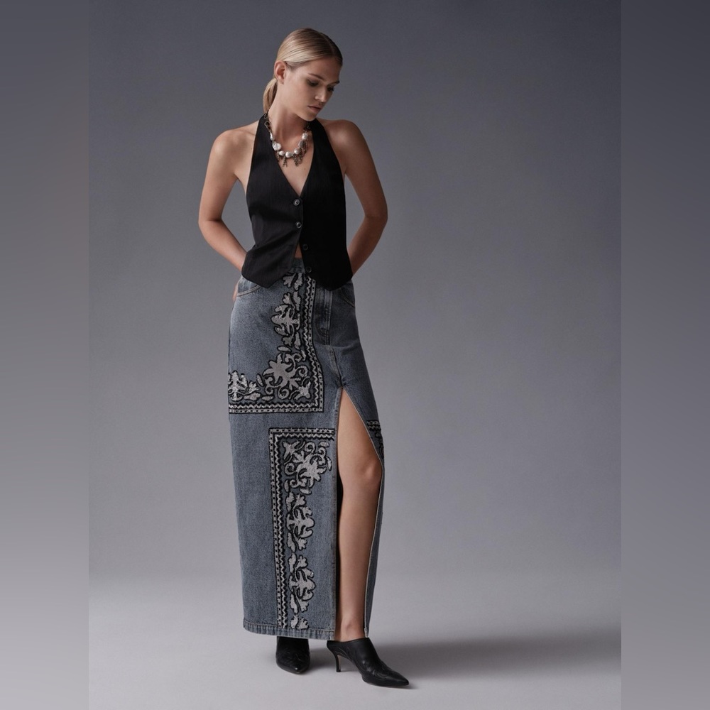 Anthropologie Dhruv Kapoor Sequin Denim Maxi Skirt
